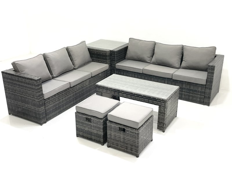 Fimous Garden Outdoor Rattan Furniture Set with Sofa Coffee table 2 Small Footstools Side Table Dark Grey Mixed