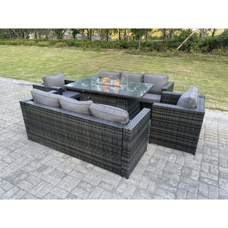 Fimous Outdoor Rattan Garden Furniture Gas Fire Pit Table Sets Gas Heater Lounge Chairs Dark Grey 8 Seater