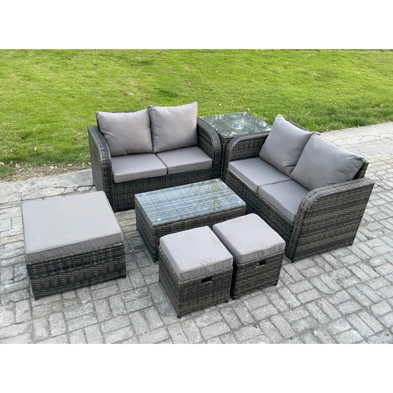 Fimous 7 Seater Garden Furniture Set Rattan Outdoor Lounge Sofa Chair With Tempered Glass Table 3 Footstools Side Table Dark Grey Mixed