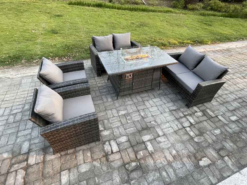 Fimous Wicker PE Rattan Garden Furniture Sets 6 Seater Patio Outdoor Gas Firepit Dining Table Heater Set with Double Seat Sofa Dark Grey Mixed