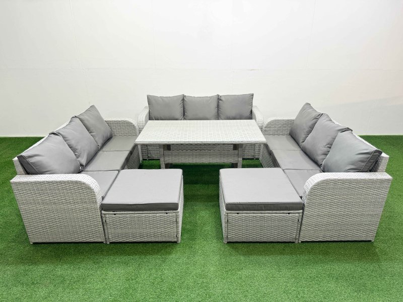 Fimous PE Rattan Lounge Sofa Set 11 Seater Outdoor Garden Furniture Set with Rectangular Dining Table 3 Seater Sofa 2 Big Footstools Light Grey