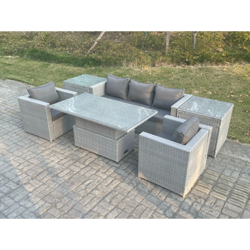 Fimous Rattan Garden Funiture Set Adjustable Rising Lifting Table Sofa Dining Set With 2 Arm Chair 2 Side Table