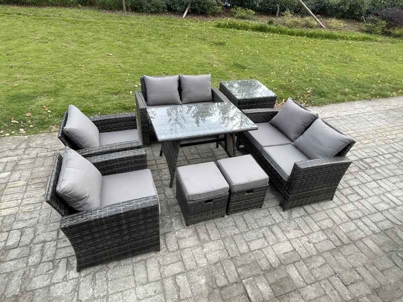 Fimous Rattan Garden Furniture Set 8 Seater Patio Outdoor Lounge Sofa Set with Rectangular Dining Table Love Seat Sofa Side Table 2 Small Footstools Dark Grey Mixed