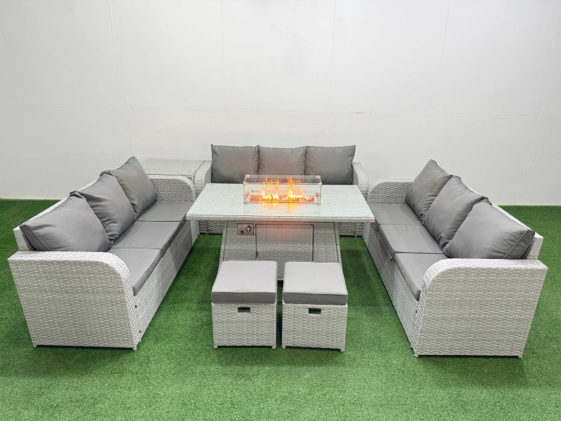 Fimous PE Rattan Lounge Sofa Set 11 Seater Outdoor Garden Furniture Set with Firepit Dining Table 3 Seater Sofa 2 Stools Side Table Light Grey
