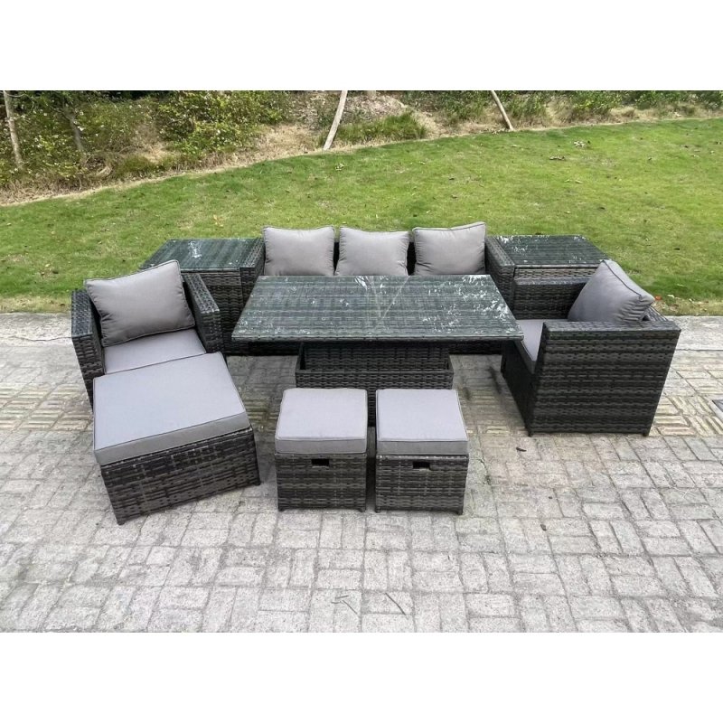 Fimous Wicker PE Rattan Garden Furniture Sofa Set Outdoor Adjustable Rising Lifting Dining Table Set with Armchairs 2 Side Tables 3 Footstools 8 Seater Dark Grey Mixed