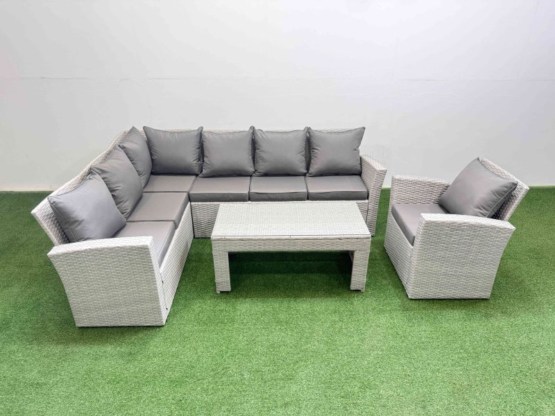 Fimous Rattan Garden Furniture Set Outdoor 7 Seater Corner Sofa Sets with Oblong Coffee Table Chair Light Grey Mixed