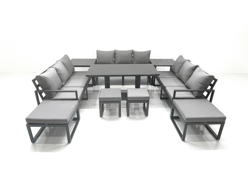 Fimous 13 Seater Garden Sofa Set Aluminium Furniture Rising Dining Tabe Set with 2 Side Tables 4 Footstools Dark Grey