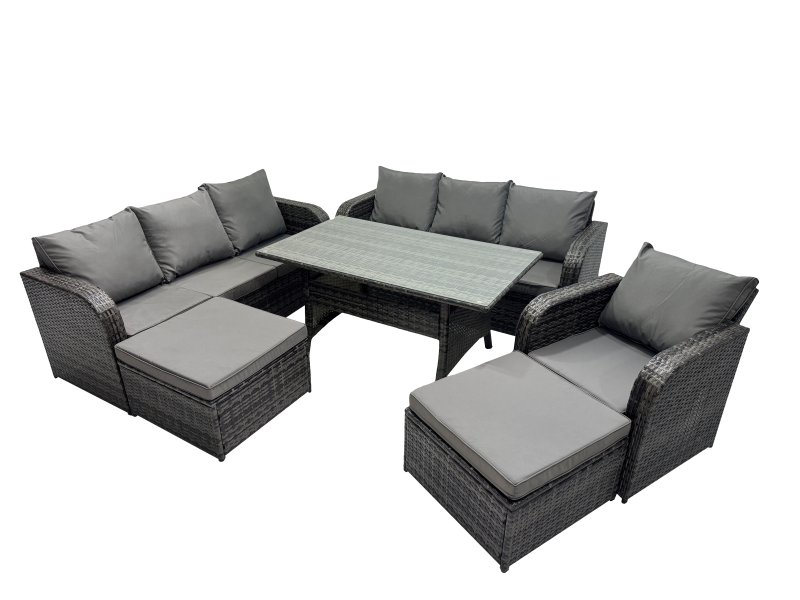 Fimous 9 Seat Outdoor Wicker PE Rattan Garden Furniture Set Dining Table Sofa Set with 2 Big Stool Dark Grey Mixed