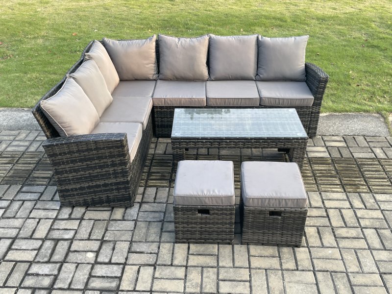 Fimous 8 Seat Rattan Garden Furniture Corner Sofa Set Outdoor Patio Sofa Table Set with 2 Small Footstools Dark Grey Mixed