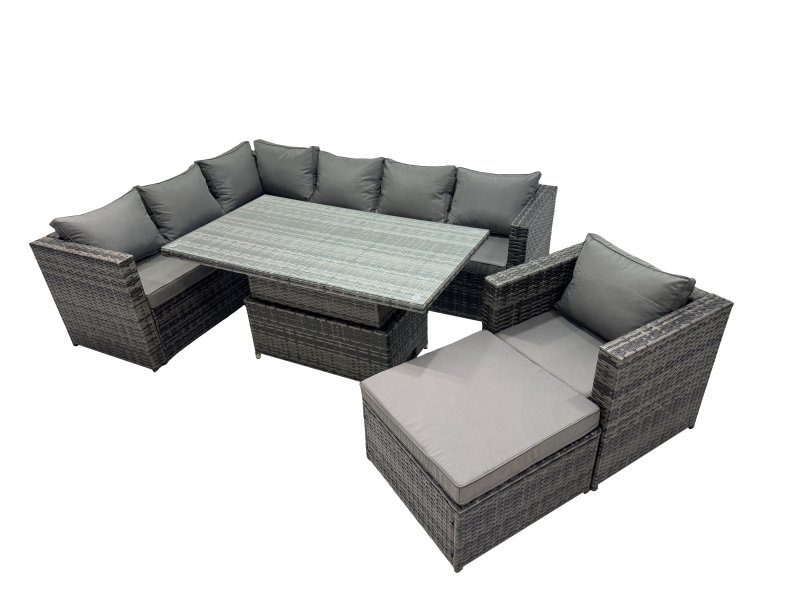 Fimous 8-seater Height Adjustable Rising Lifting Table Corner Sofa Set Rattan Garden Furniture Dining Set with Big Stool Dark Grey Mixed