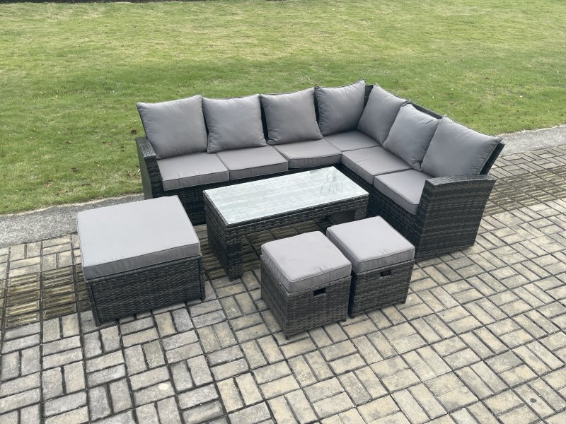 Fimous Rattan Corner Sofa Garden Furniture Set with 3 Footstools Rectangular Coffee Table with Cushion Dark Grey Mixed