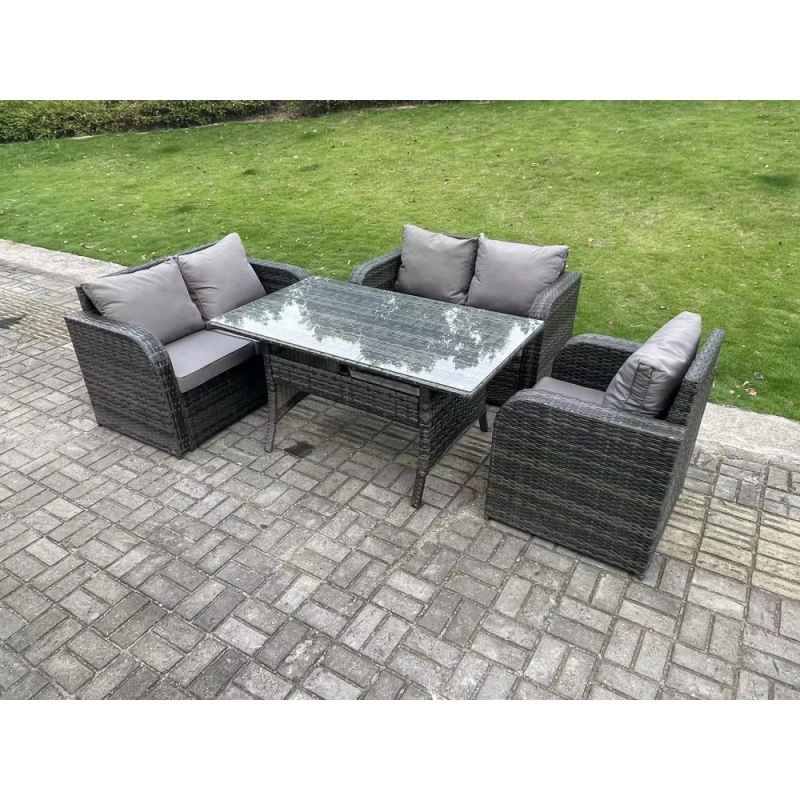 Fimous Dark Grey PE Wicker Rattan Garden Furniture Set Reclining Chair Love Sofa 2 Seater Sofa Set Outdoor Rectangular Dining Table 5 Seater