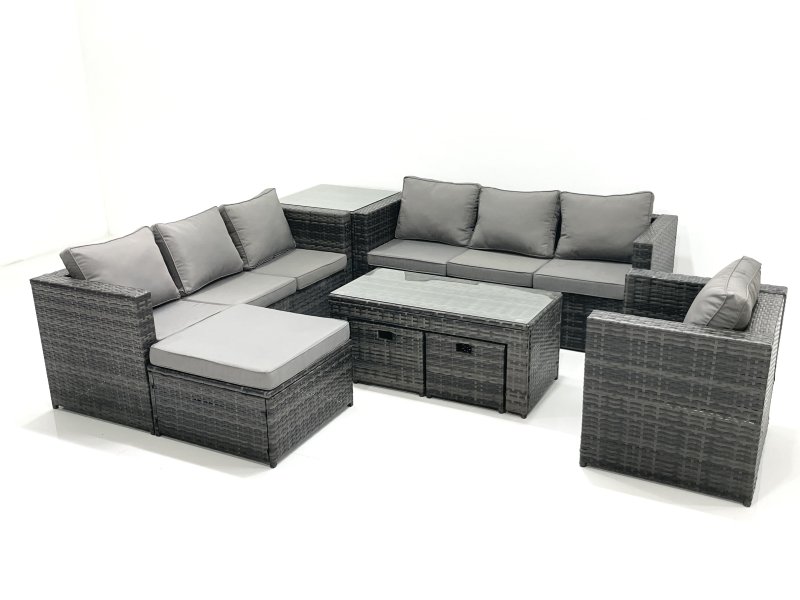 Fimous Outdoor Garden Furniture Set 10 Seater Rattan Sofa Set with Coffee Table 3 Footstools Armchair Side Table Dark Grey Mixed