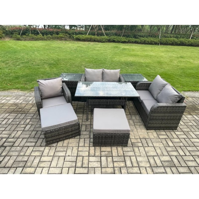 Fimous 7 Seater Lounge Rattan Sofa Set Outdoor Garden Furniture Oblong Rectangular Dining Table With Chairs 2 Big Footstool 2 Side Tables Dark Grey Mixed