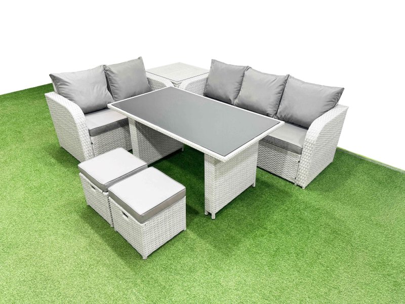 Fimous Garden Furniture Set PE Ratten Garden Sofa Set with Rectangular Dining Table 2 Small Stools Side Table Light Grey