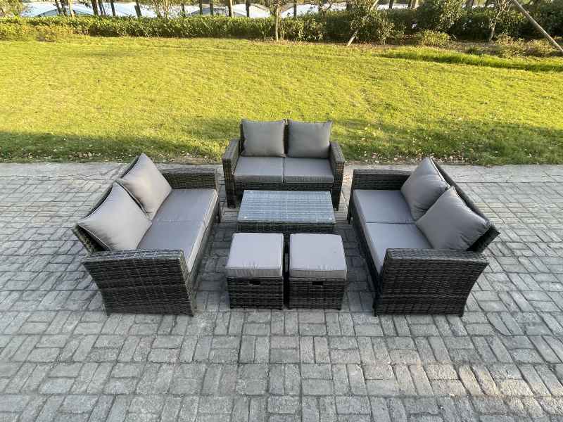 Fimous 6pc Rattan Sofa Garden Furniture Outdoor Patio Set with 2 Small Footstools Double Seat Sofa Dark Grey Mixed