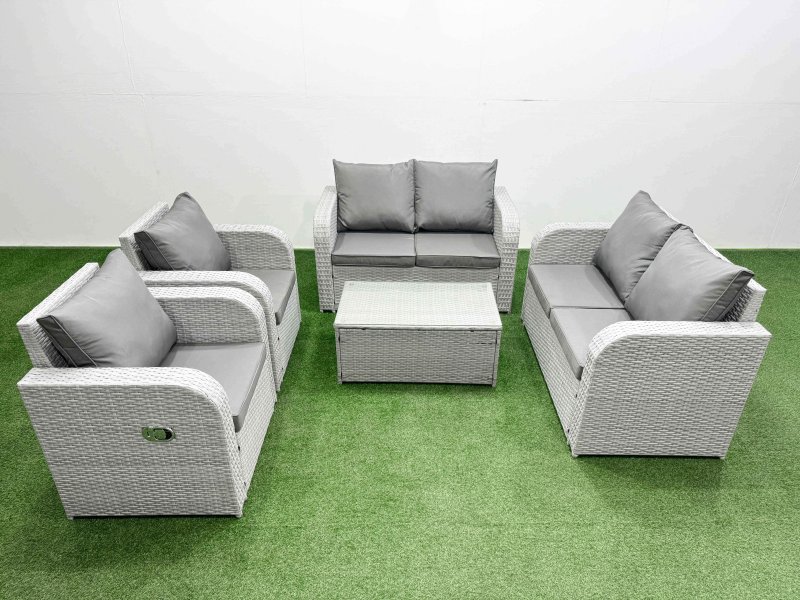 Fimous 6 Seater Outdoor Reclining Chair Love Sofa Set Rattan Garden Furniture Set with Rectangular Coffee Table Light Grey