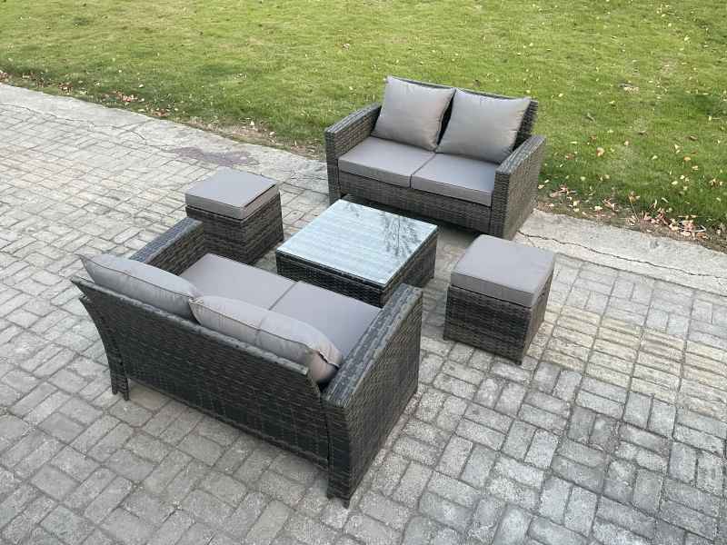 Fimous Rattan Garden Furniture Set 5 piece Patio Rattan Furniture Sofa Weaving Wicker includes 2 Double Seat Sofa, Coffee Table and 2 Small Footstools