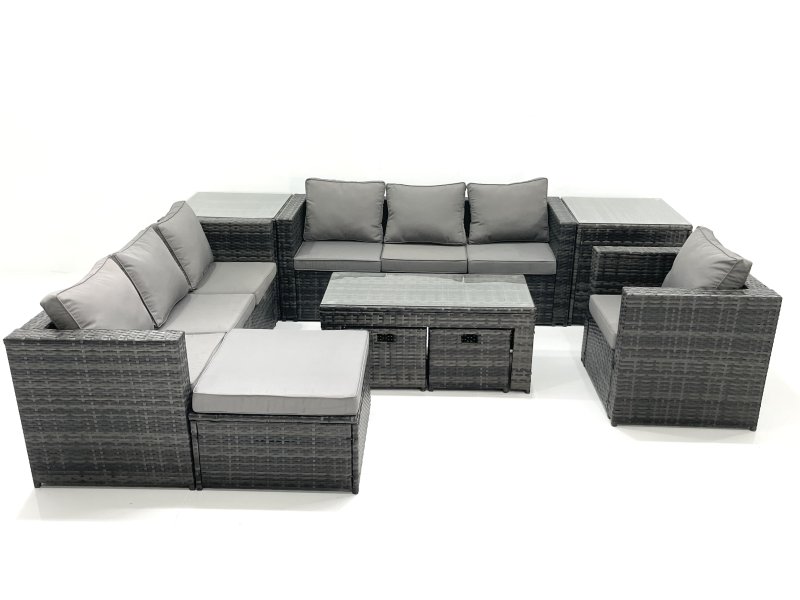 Fimous Outdoor Garden Furniture Set 10 Seater Rattan Sofa Set with Coffee Table 3 Footstools Armchair 2 Side Tables Dark Grey Mixed