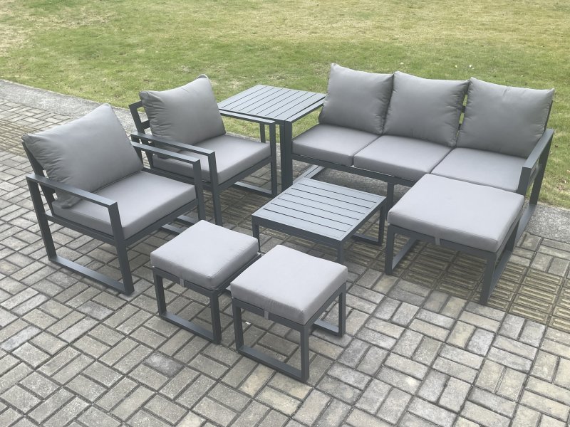 Fimous Aluminium Outdoor Lounge Sofa Set Garden Furniture Sets with Square Coffee Table 2 Chairs 3 Footstools Side Table Dark Grey 8 Seater