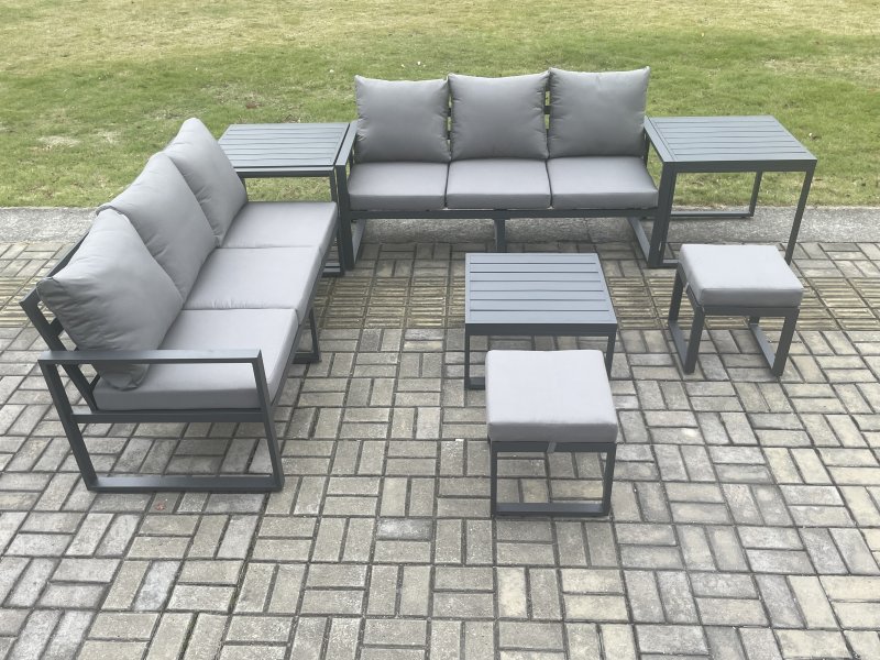 Fimous Aluminium 7 Pieces Garden Furniture Sofa Set with Cushions 8 Seater Outdoor Patio Set with Square Coffee Table 2 Small Footstools 2 Side Tables Dark Grey