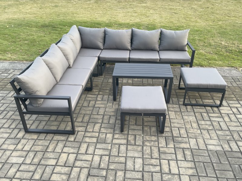 Fimous Aluminium Outdoor Garden Furniture Set Lounge Corner Sofa Oblong Coffee Table Sets with 2 Big Footstools Dark Grey