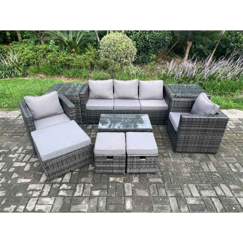 Fimous 8 Seater Rattan Garden Furniture Set Outdoor Patio Sofa Set with 2 Armchairs 2 Side Tables Oblong Table 3 Footstools Dark Grey Mixed