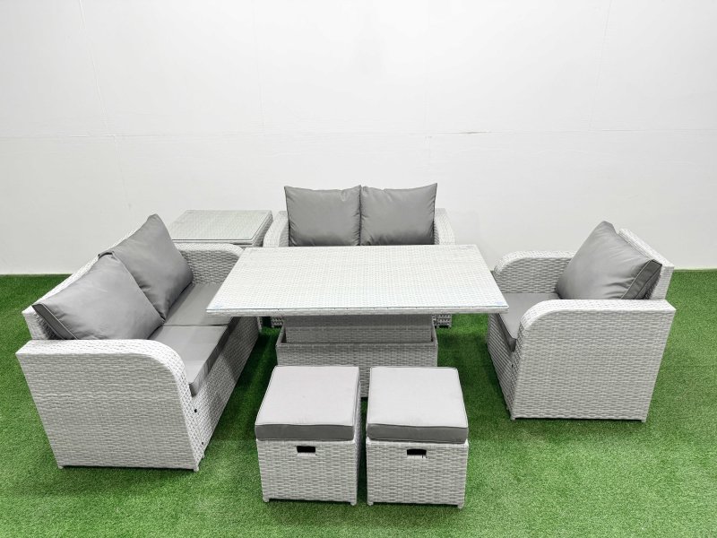 Fimous High Back Poly Rattan Garden Furniture Set with Reclining Chair Loveseat Sofa Adjustable Lifting Dining or Coffee Table Indoor Outdoor Patio Set 2 Stool Side Table Light Grey