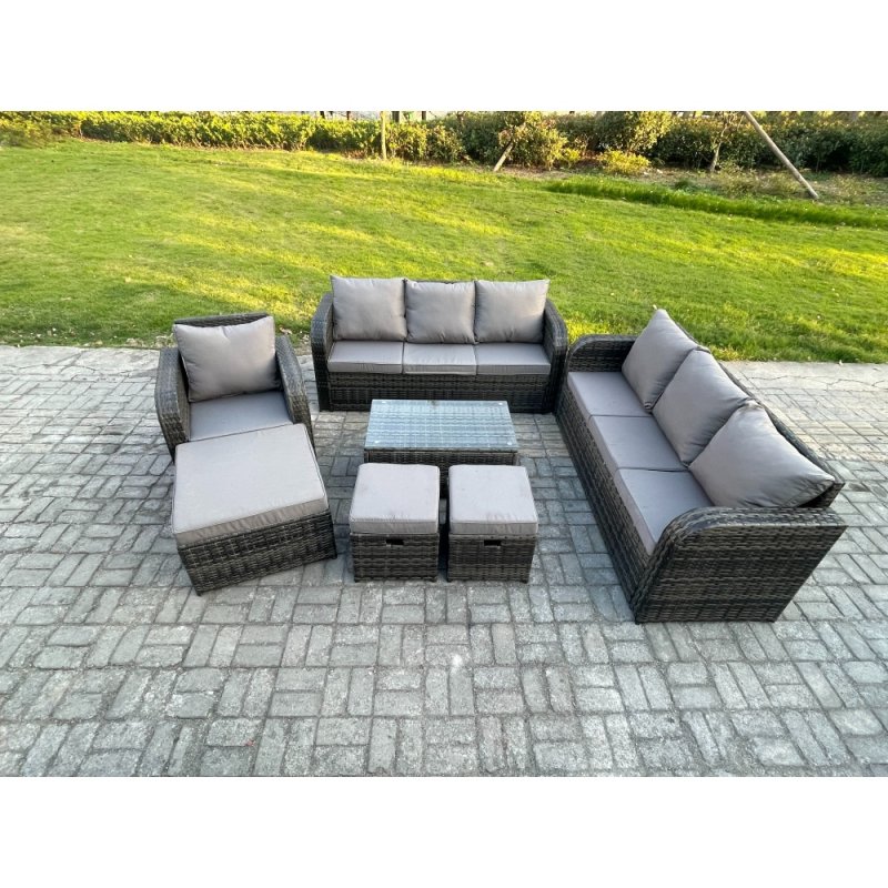 Fimous 10 Seater Rattan Lounge Sofa Set Outdoor Garden Furniture Set with Rectangular Coffee Table 3 Seater Sofa 3 Footstools Dark Grey Mixed