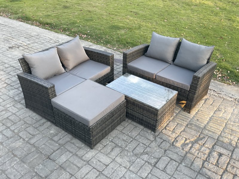 Fimous Wicker Rattan Garden Furniture Sofa Set with Rectangular Coffee Table Double Seat Sofa Big Footstool 5 Seater Outdoor Rattan Set Dark Grey Mixed