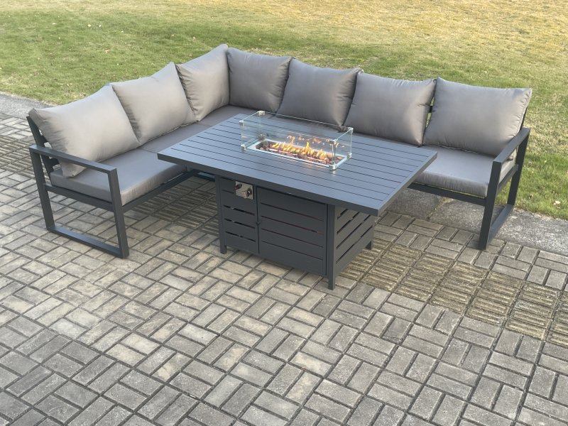 Fimous Aluminium Outdoor Garden Furniture Corner Sofa Gas Fire Pit Dining Table Sets Gas Heater Burner Dark Grey 6 Seater