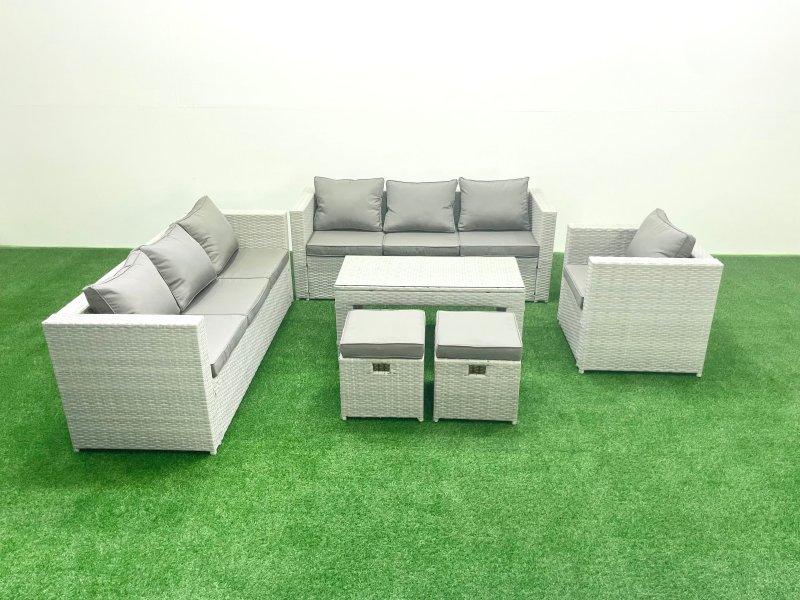 Fimous Wicker PE Rattan Sofa Garden Furniture Set with Oblong Coffee Table Armchair 2 Small Footstools Light Grey Mixed