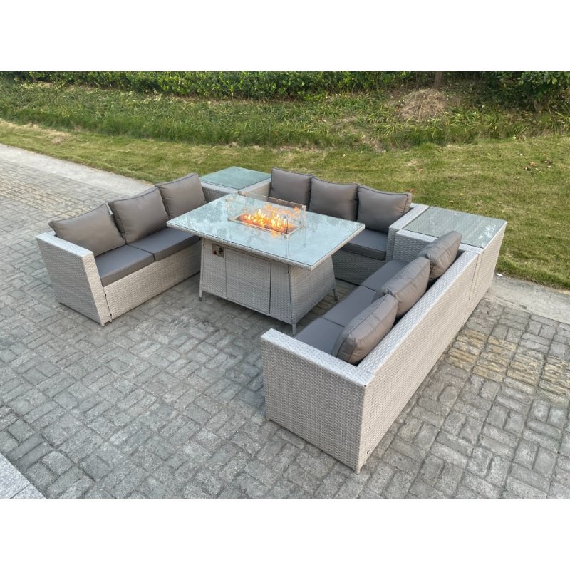 Fimous Light Grey U Shape Lounge Sofa Dining Set With Gas Heater Firepit Burner With 2 PC Side Coffee Tea Table