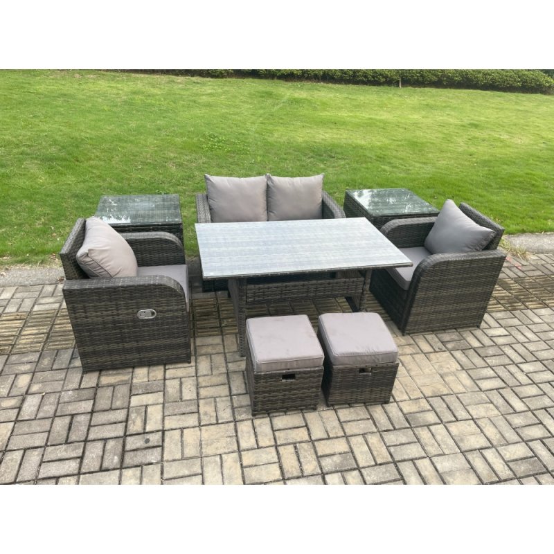 Fimous Rattan Outdoor Garden Furniture Set Rectangular Dining Table and Chair Sofa Set With 2 Side Tables 2 Small Footstools Dark Grey Mixed