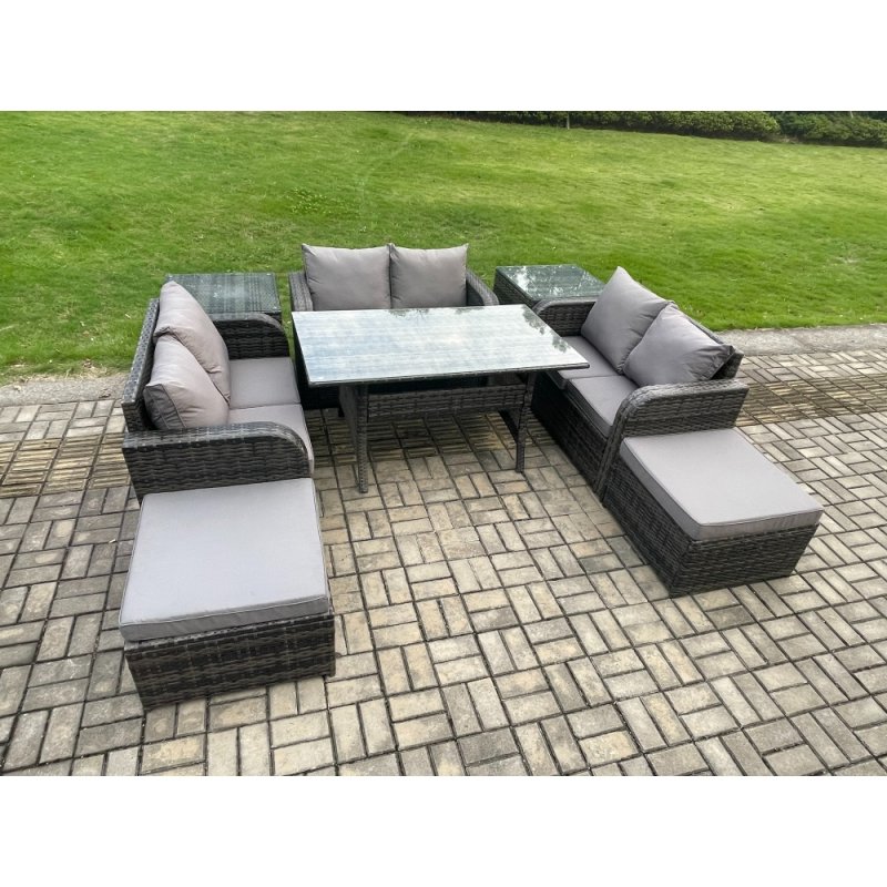 Fimous Outdoor Rattan Garden Furniture Lounge Sofa Set With Oblong Rectangular Dining Table 2 Big Footstool 2 Side Tables