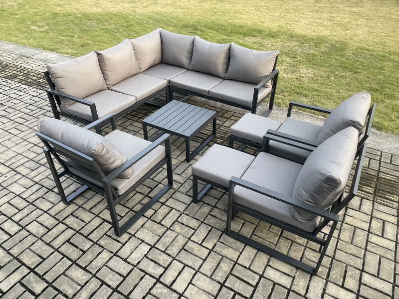 Fimous 10 Seater Outdoor Aluminium Garden Furniture Set Corner Lounge Sofa Set with Square Coffee Table Chair 2 Small Footstools Dark Grey