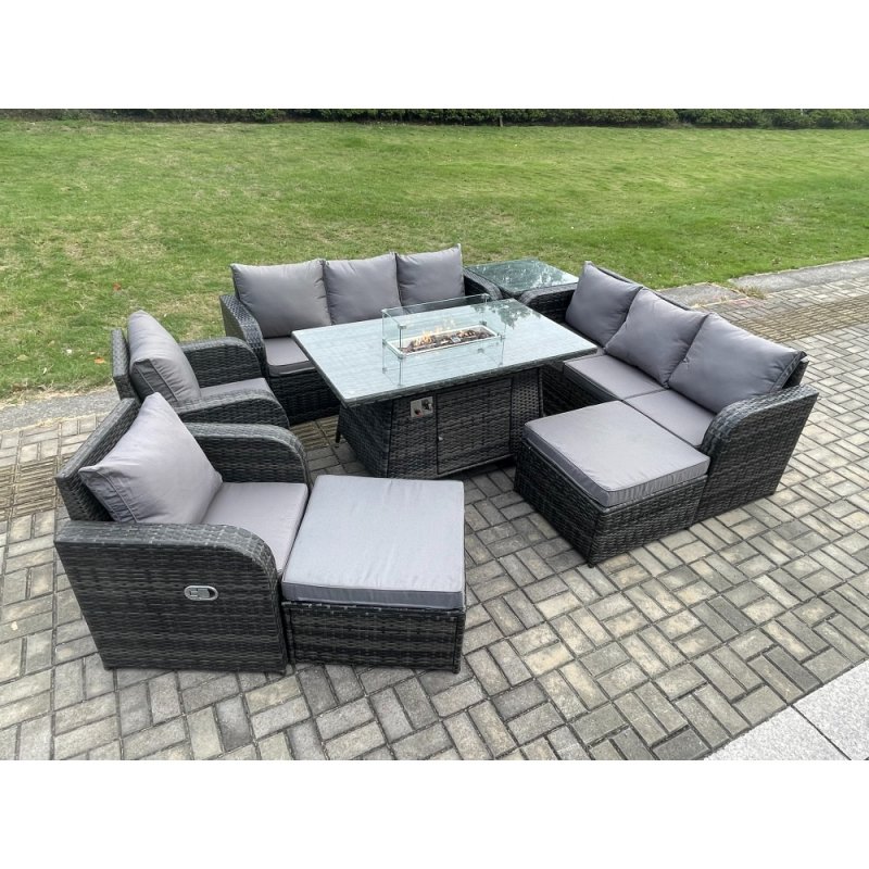 Fimous Rattan Outdoor Furniture Gas Fire Pit Rectangle Dining Table Gas Heater Adjustable Reclining Chair 3 Seater Sofa Sets 10 Seater