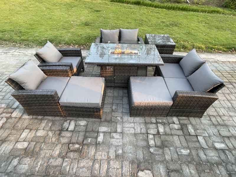 Fimous Outdoor Garden Furniture Sets 8 Pieces Wicker Rattan Furniture Gas Firepit Dining Table Sofa Set with 2 Big Footstool Side Table Dark Grey Mixed