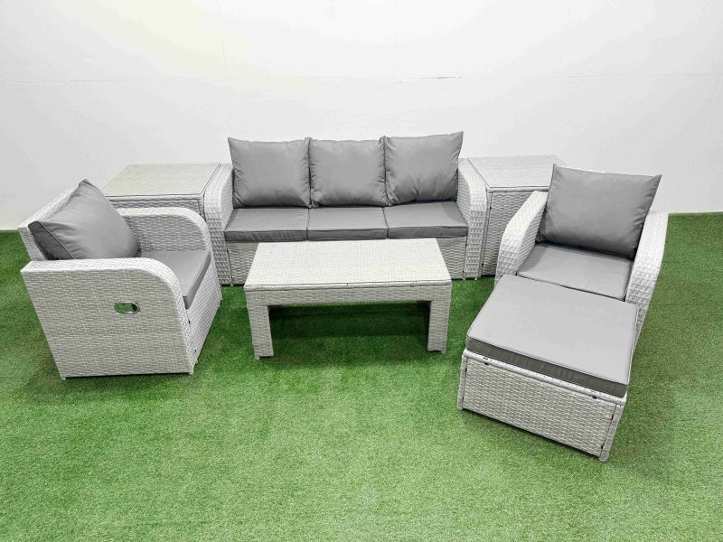 Fimous PE Rattan Garden Furniture Set Reclining Chair Sofa Lounge Sofa Set Rectangular Coffee Table 2 Side Table Big Footstool Light Grey