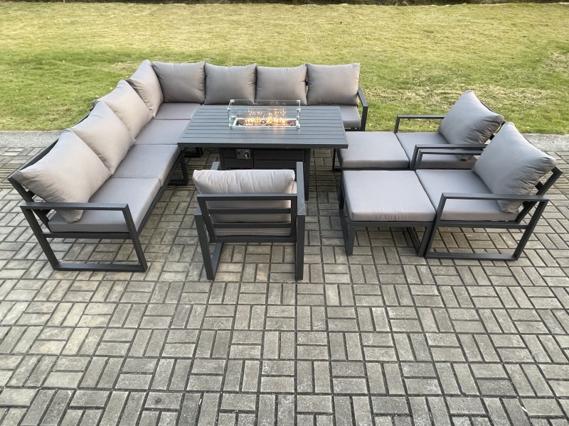 Fimous Aluminium 12 Seater Garden Furniture Outdoor Set Patio Lounge Sofa Gas Fire Pit Dining Table Set with 3 Chair 2 Big Footstools Dark Grey