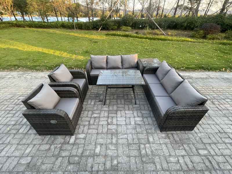 Fimous 8 Seater Rattan Outdoor Garden Furniture Sofa Set Patio Table & Chairs Set with 3 Seater Sofa Rectangular Dining Table Side Table Dark Grey Mixed