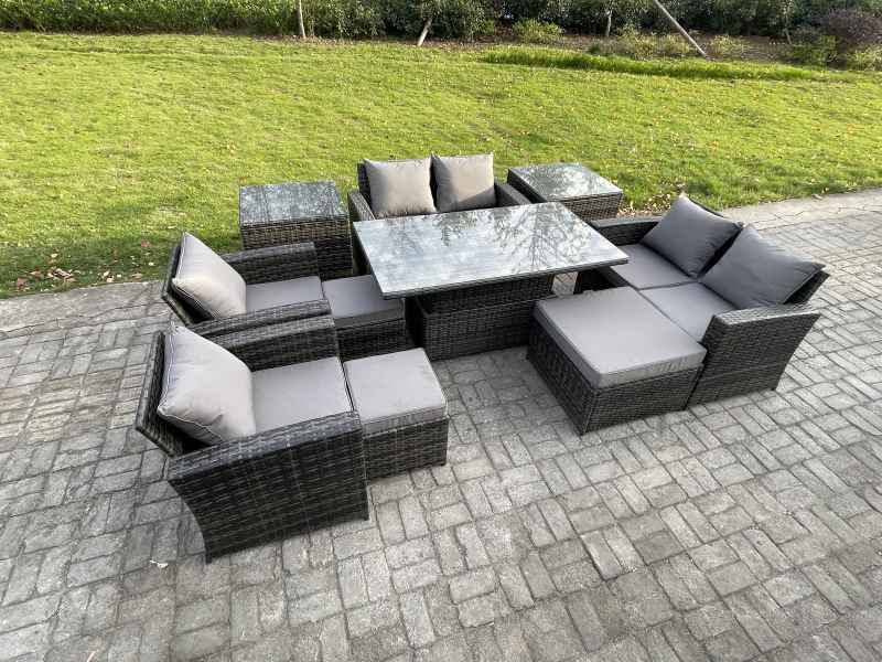 Fimous Outdoor Garden Furniture Sets 10 Pieces Wicker Rattan Furniture Sofa Dining Table Set with 3 Footstools 2 Side Tables Dark Grey Mixed