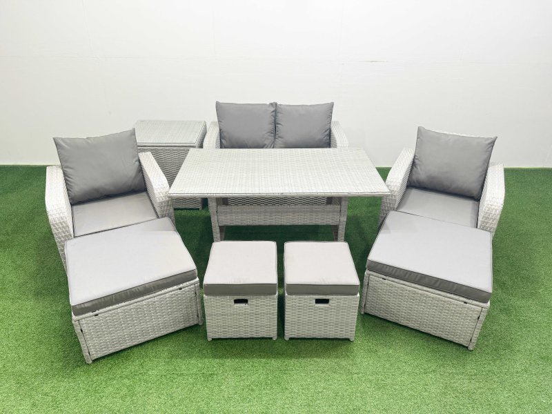 Fimous PE Rattan Lounge Sofa Set 8 Seater Outdoor Garden Furniture Set with Dining Table Love Sofa 2 Big Footstools Side Table Light Grey