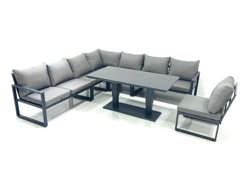 Fimous 8 Seater Outdoor Aluminum Garden Furniture Set Corner Sofa Rising Lifting Dining Table Sets Dark Grey