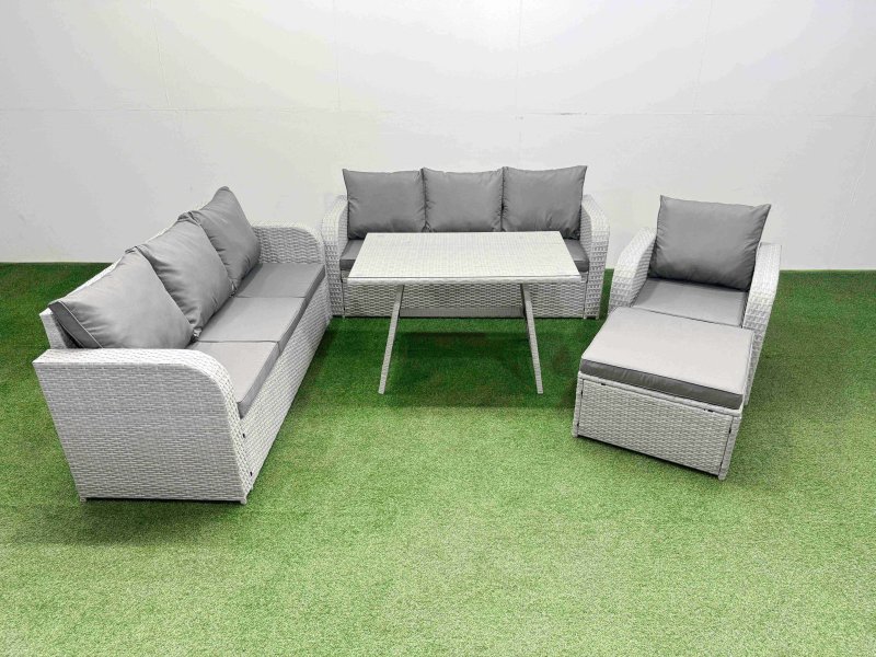 Fimous 5 Pieces Outdoor PE Rattan Garden Furniture with Cushions Reclining Chair Big Stool Light Grey