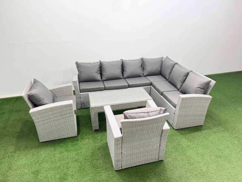 Fimous Rattan Garden Furniture Set 5 Pieces Outdoor Garden Sofa Oblong Coffee Table Set with 2 Chairs Light Grey Mixed