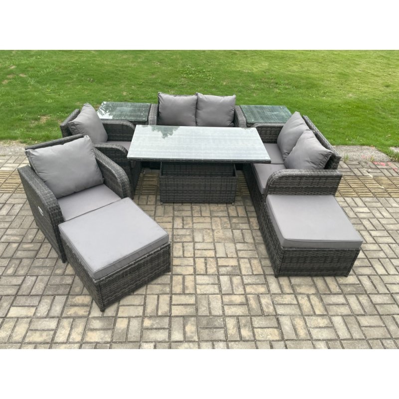 Fimous Rattan Furniture Garden Dining Sets Outdoor Height Adjustable Rising lifting Table Love Sofa Chair With 2 Side Tables 2 Footstools