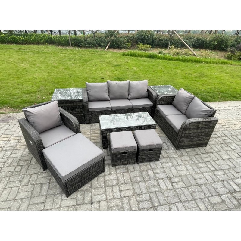 Fimous High Back Rattan Garden Furniture Set with Loveseat Sofa Rectangular Coffee Table 2 Side Tables 3 Footstools Indoor Outdoor Patio Lounge Sofa Set Dark Grey Mixed