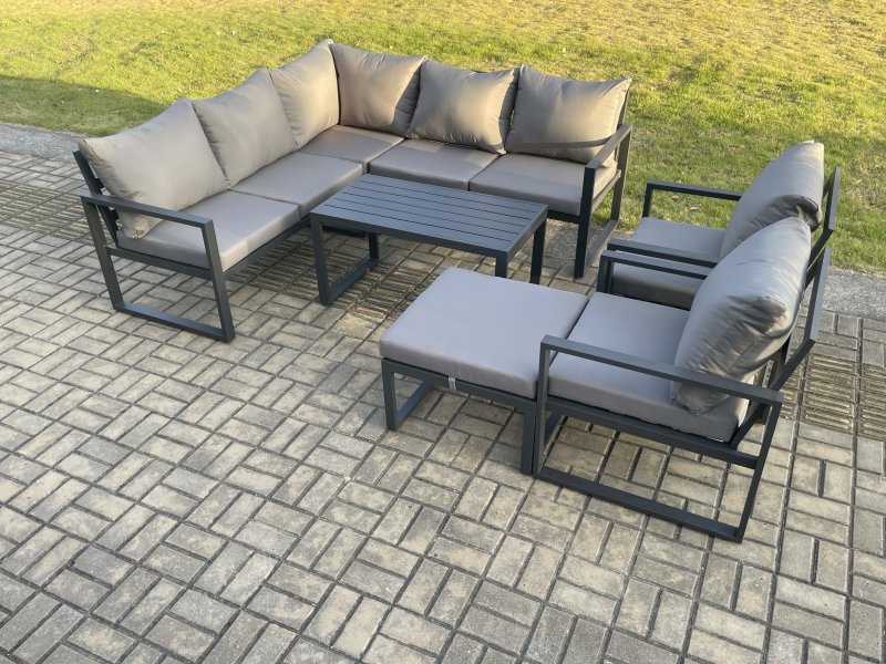 Fimous Aluminium Outdoor Garden Furniture Set Lounge Sofa Oblong Coffee Table Sets with 2 Pcs Chair Big Footstool Indoor Conservatory Set Dark Grey
