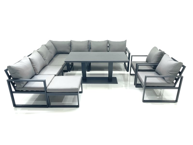 Fimous 10 Seater Outdoor Aluminum Garden Furniture Set Corner Sofa Big Footstool 2 Chairs Adjustable Rising Lifting Dining Table Sets Dark Grey